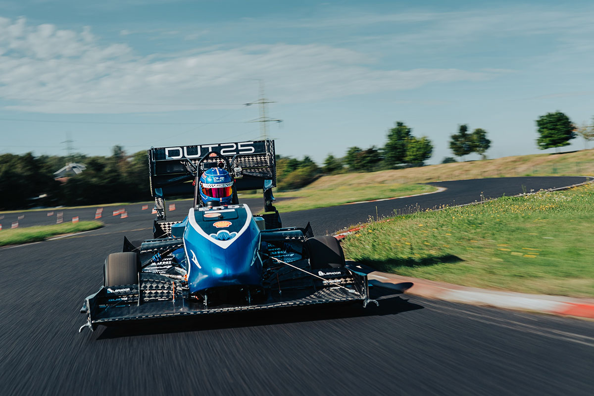 Formular student race car of the TU delft team 25 on a race track